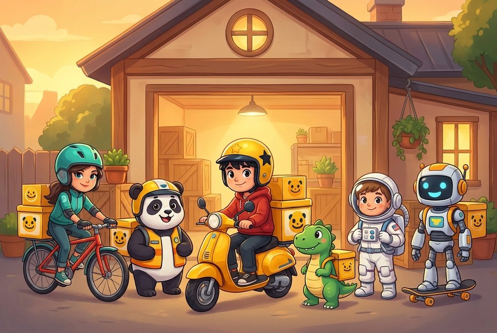The delivery crew: a girl on a bicycle, a panda, Dashy, a dinosaur, an astronaut and a robot