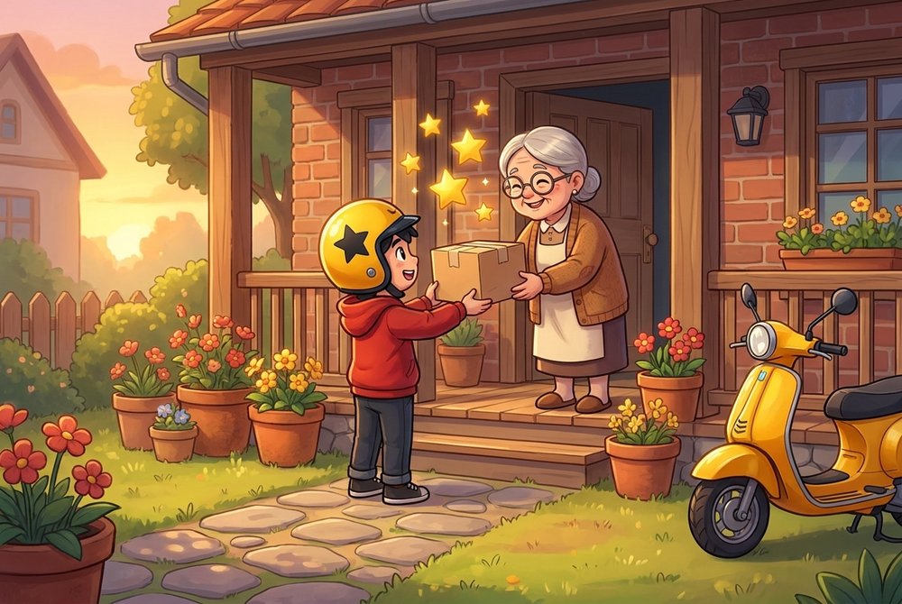 Dashy handing a parcel to a happy grandma at her door