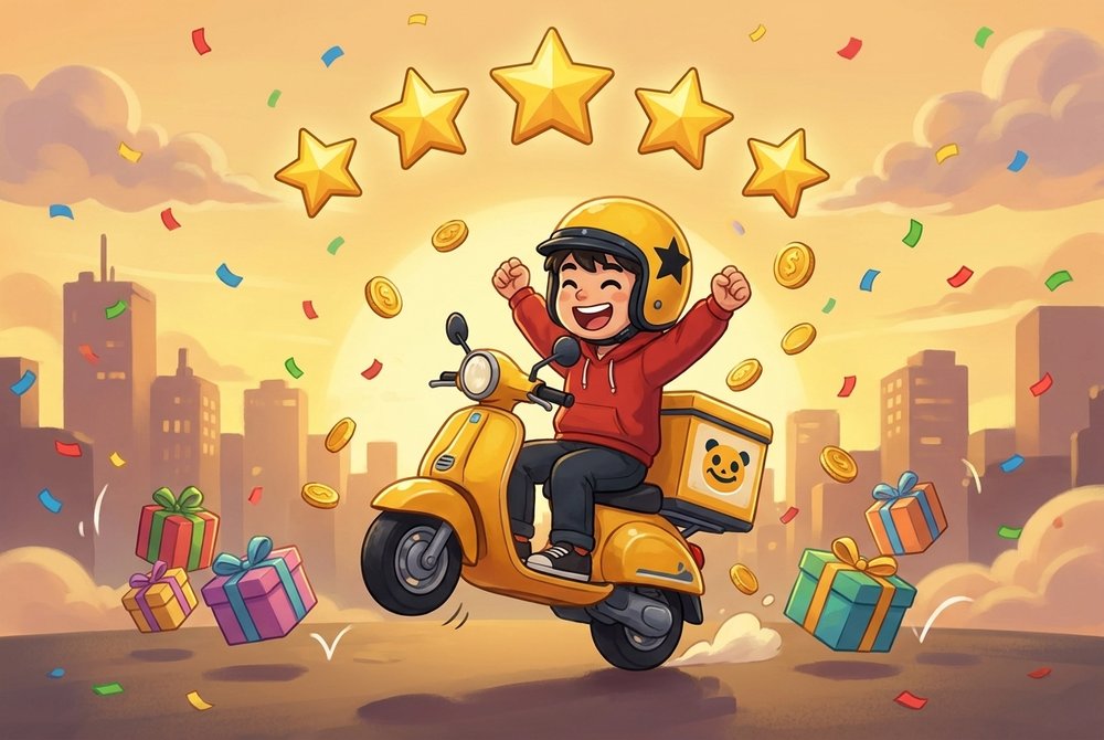 Dashy celebrating under five stars with coins and gifts