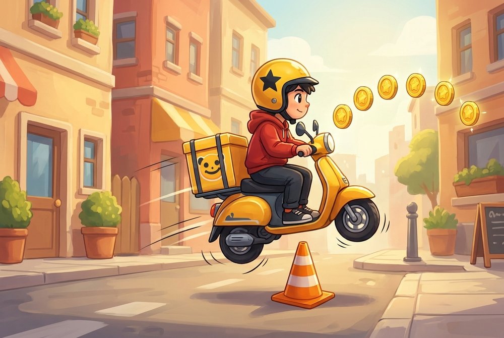 Dashy jumping his scooter over a traffic cone while collecting coins