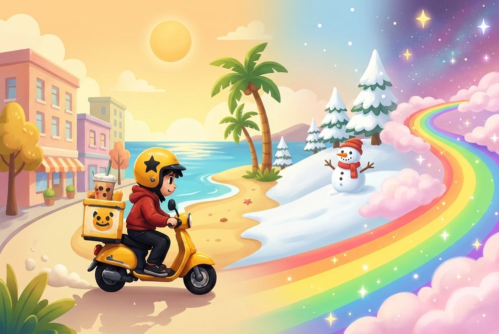 One road running through city, beach, snow and a rainbow in the sky